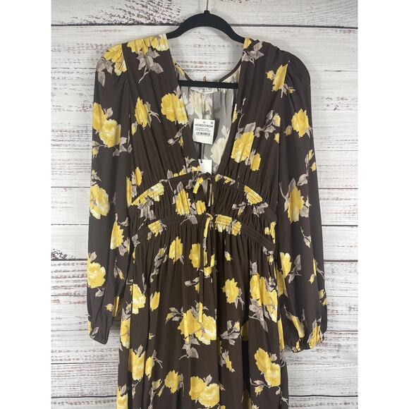 Wayf Dress Women's Size M Brown Yellow Floral Espresso Roses Long Sleeve Pockets - Picture 3 of 9